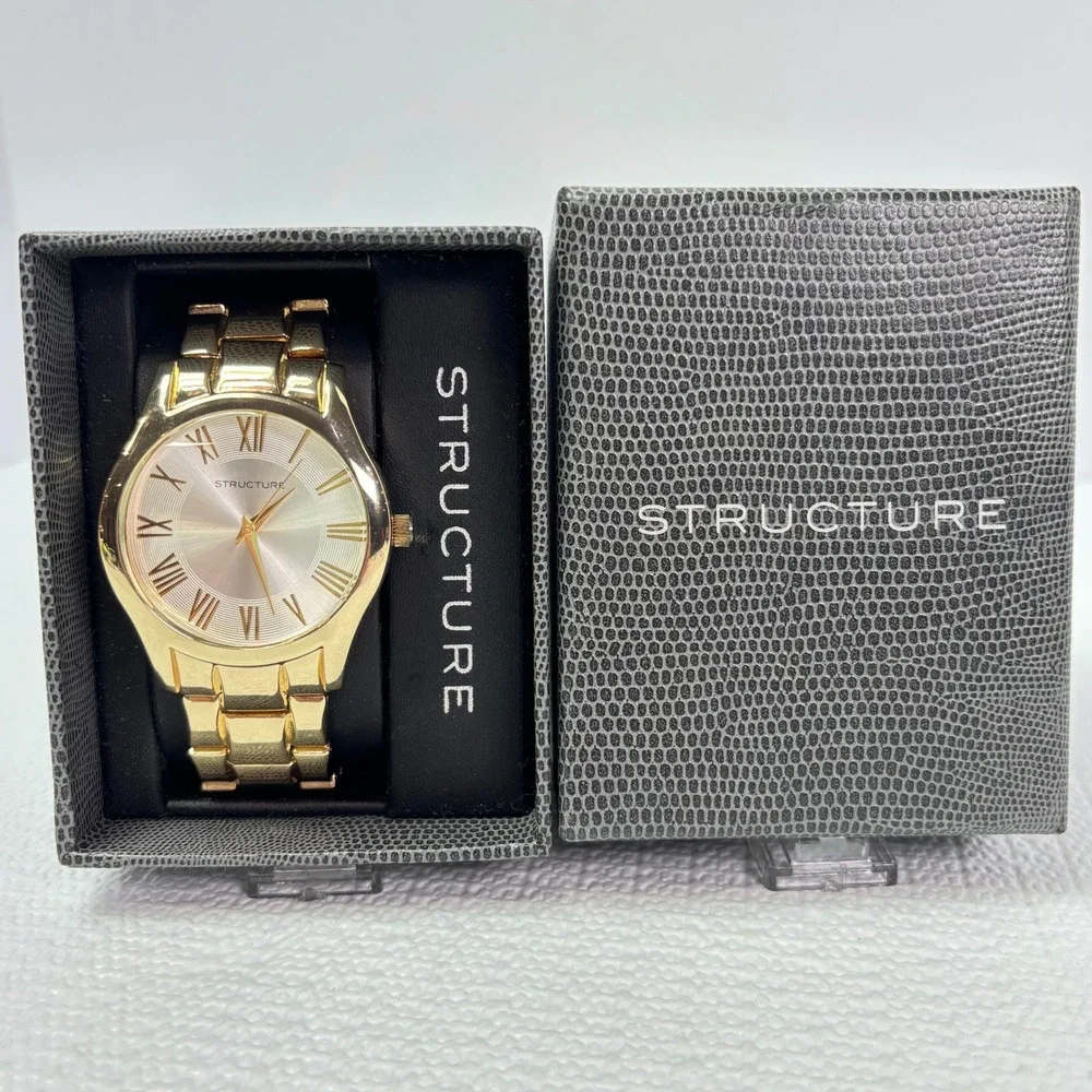 STRUCTURE Gold Tone Mens Watch NIB Roman Numeral Watch Stainless Steel Band